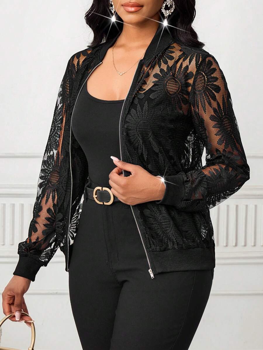 SHEIN Lady Women's Floral Mesh Long Sleeve Zip Front Casual Lightweight Baseball Jacket Lace Jacket Black Lace Jacket Lace Bomber Jacket Black Jacket Women Lace Cover Up