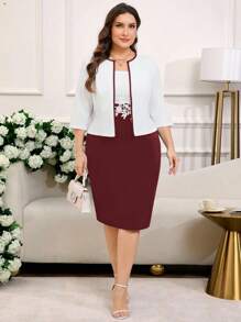 SHEIN Clasi 2 Stücke Set in Übergröße – Elegantes Slip-Kleid aus Spitzen-Patchwork und Cardigan-Set mit Kontrastbesatz