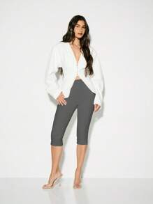 KIZN Capri Length High Waisted Leggings Professional Office Workwear Slim Fit Side Split Detail Spring Summer Autumn - Grey - View 4