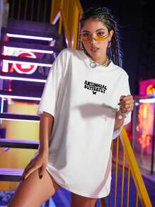 SHEIN Unity Butterfly & Letter Graphic Drop Shoulder Oversized Tee Graphic Tees Women Tops - White - View 3
