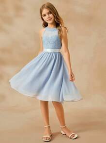 SHEIN Vestido corto para niña con encaje, parches y volantes en el bajo, cuello halter, adecuado para ser dama de honor, eventos formales, bodas, fiestas, cumpleaños - Lavado ligero - Ver 7