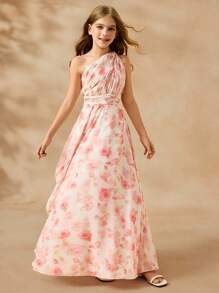 SHEIN Tween Girls Elegant Ditsy Floral Wedding Flower Girl Dress, Chiffon Ruffled Cape Overlay Mid-Length Prom Gown - Red and White - View 8
