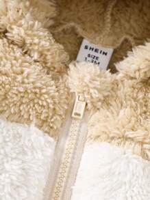 2 件婴儿毛绒考拉印花刺绣厚羊毛长袖连体衣家居服套装，适合秋冬季 - 卡其色 - 查看 5