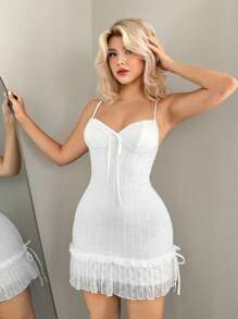 Sweetina Textured Adjustable Strap White Mini Dress, Suitable For Vacation, Casual & Home Wear Fall - Apricot - View 2