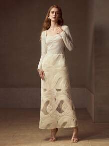 MOTF PREMIUM WOMEN'S ELEGANT ROMANTIC EMBROIDERED MESH PATCHWORK JACQUARD KNITTED LONG DRESS - Apricot - View 5