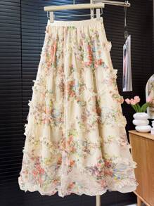 Franclia 女士花卉印花网眼多层荷叶边休闲半身裙