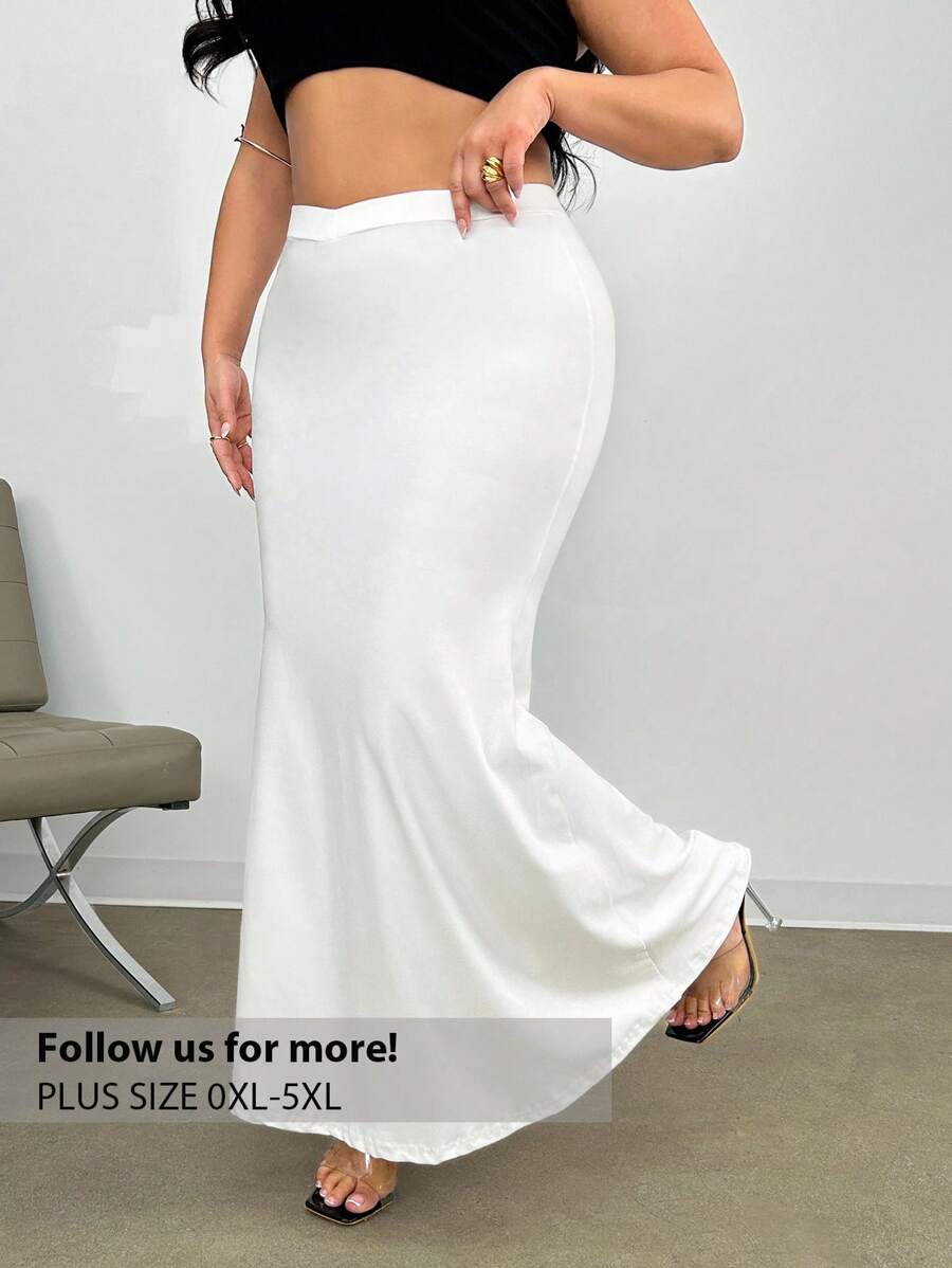 Firerie Plus Size Elegant Office Commute High Street Personalized Occasion Maxi Skirt, Wedding Season, Romantic Date, Music Festival, Dinner Party, V-Neck, Bodycon Fit, Solid White, For Back To School - White - View 1