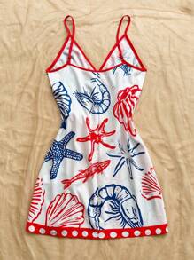 Soleia 女士热带元素椰子树棕榈叶吊带迷你度假裹身裙