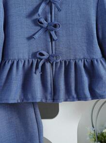 SHEIN Conjunto de 2 piezas para niñas jóvenes: blusa con lazo y manga larga + pantalones, conjunto con volantes y peplum, ropa de otoño e invierno