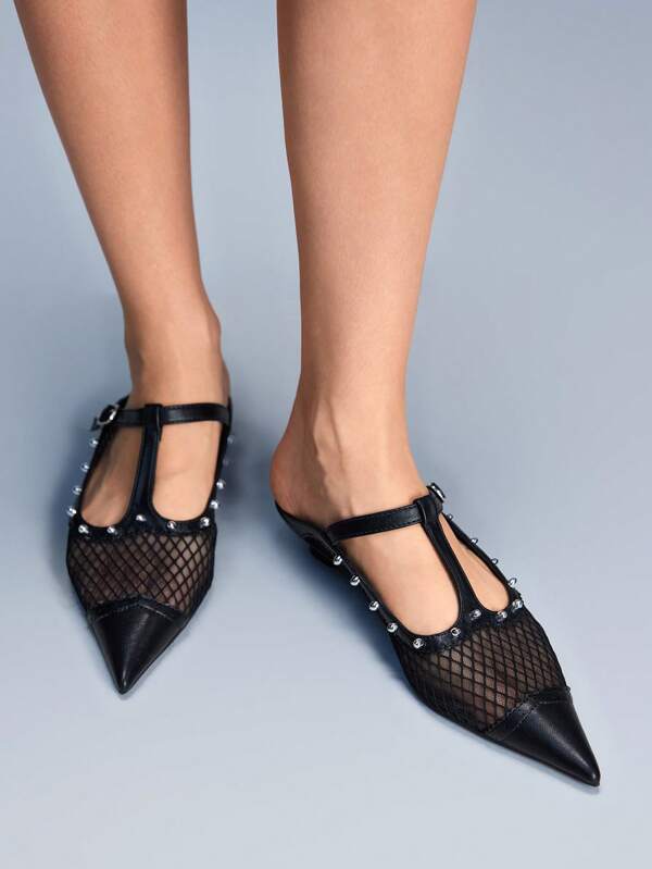 Cuccoo CUCCOO GRLICON Damen spitze Zehenkappe Mesh T-Riemen High Heel Pumps, Y2K Punk Motorradstil