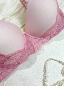 Plus Size Lace Patchwork Sexy Camisole & Wireless Bra Pink Lace Bra Lace Push Up Bra Cute Bra - Pink - View 3