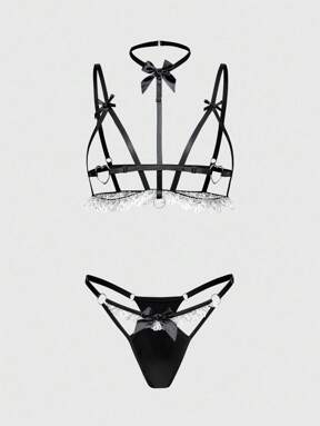 Goth Goth Gothic Metal Ring Heart Bowknot Choker & Sexy Panty Set