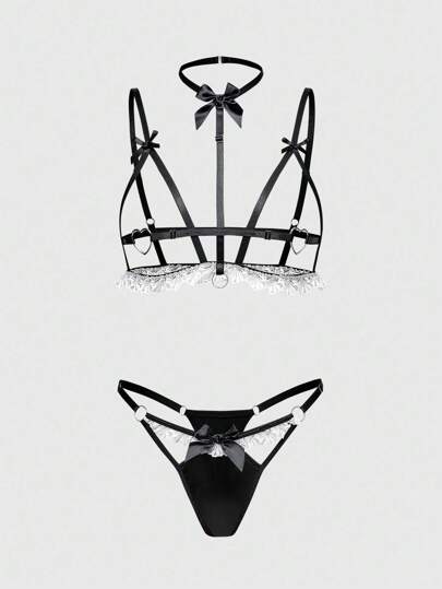 Goth Goth Gothic Metal Ring Heart Bowknot Choker & Sexy Panty Set