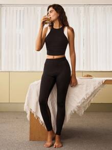 Menodora SHEIN Sport Movishi Quick Dry & Cooling Fabric Women's Plain Knit Skinny Yoga Pants - Black - View 4