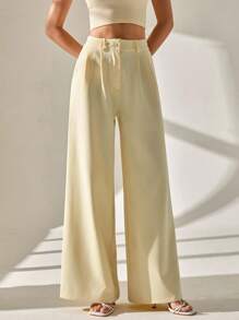 CLARA VERO Pantalón de traje elegante de pierna ancha y plisado en color amarillo mantequilla para mujer
