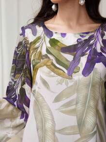 SHEIN Najma 女式植物花卉印花圆领宽袖宽松阿拉伯长袍连衣裙 - 彩色 - 查看 6