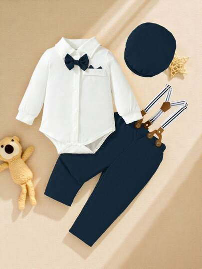 Souflis Souflis 3pcs Baby Boys' Elegant And Vintage Style Gentleman Bow Tie Collar Bodysuit With Suspenders And Cap, Suitable