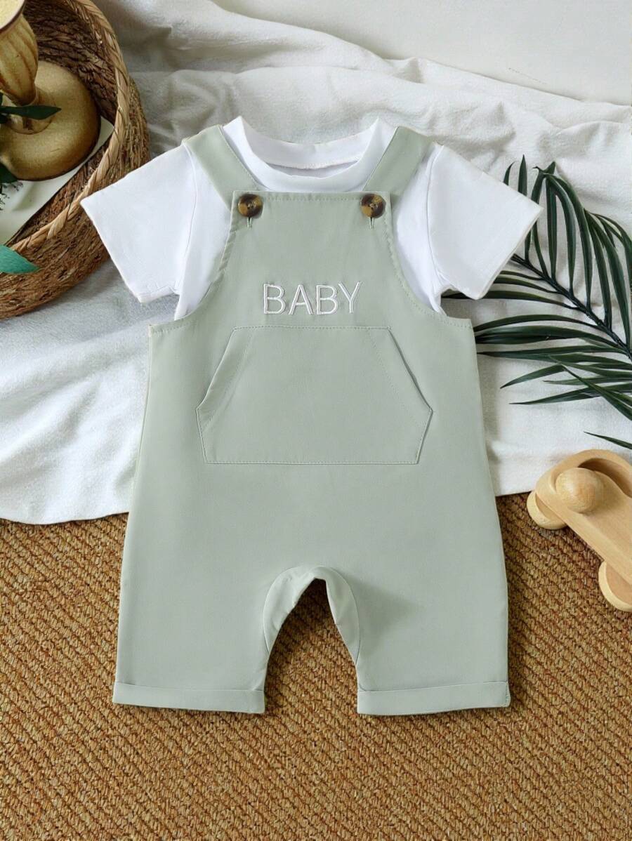 SHEIN Vintaside Kids 寶寶男孩春夏淺灰綠色單件連身衣,可愛字母刺繡,日常休閒裝必備 - 彩色 - 查看 1
