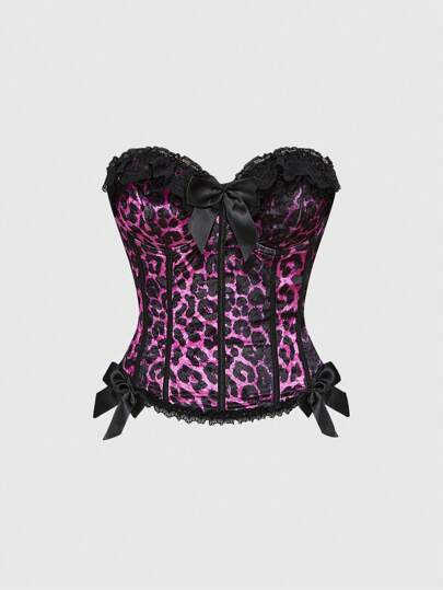 J-Fashion Y2K-Stil Leoparden-Muster Spitze Patchwork mit Schleife Sexy Bluse für Frauen