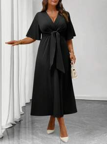 Elenzga Đầm Maxi Chữ A Tay Ngắn Cổ Chữ V Xếp Ly Thanh Lịch Hàng Ngày Cho Nữ Cỡ Lớn - màu đen - Xem 6