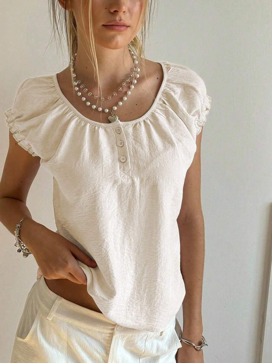 SHEIN Bubbli 女士夏季纯色圆领休闲短袖T恤 - 杏色 - 查看 1