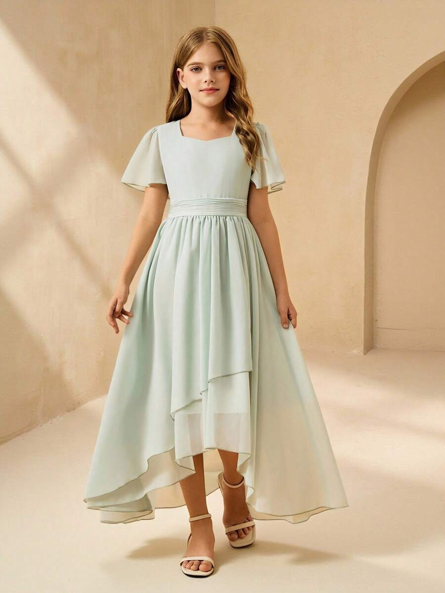 SHEIN 女童长款雪纺公主裙，婚礼花童伴娘礼服 - 綠色 - 查看 1