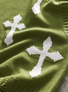 AXEPEAK Men's Cross Print Round Neck Fringed Knitted Vest - Army Green - View 4