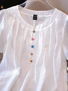 Franclia 女士优雅纯色褶皱领彩色纽扣装饰圆领短袖衬衫