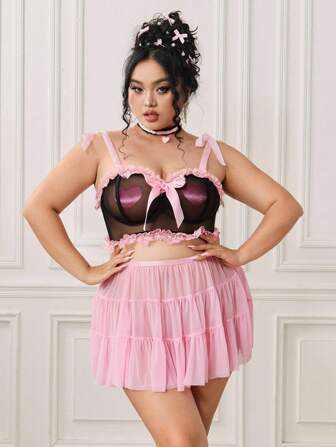 Kawaii Plus Size Pastel Lolita Colorblock Lace Satin Bow Babydoll Dress Lingerie Set
