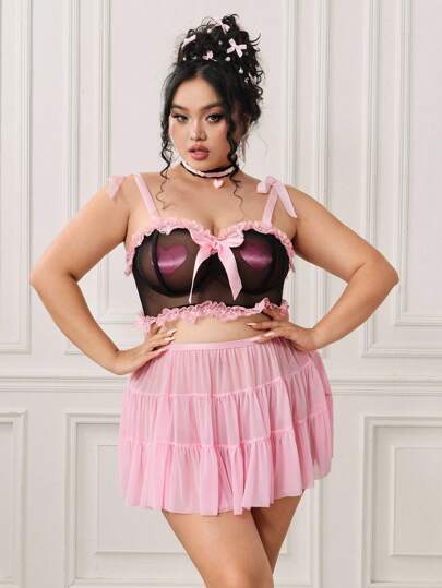 Kawaii Conjunto de lencería con vestido de muñeca estilo Lolita de satén con encaje y lazo con bloques de color para tallas grandes