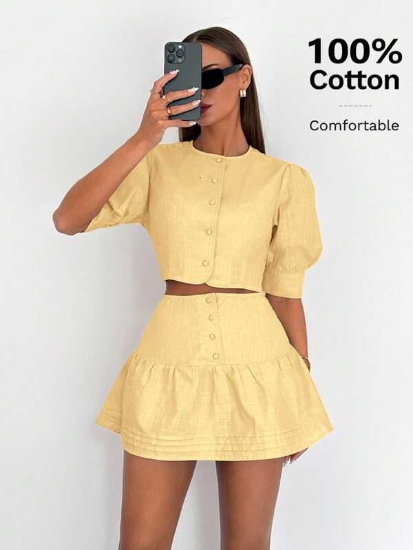 Siren Gaze Conjunto de top con mangas abullonadas y botones frontales + falda de 100% algodón para mujer, casual de verano