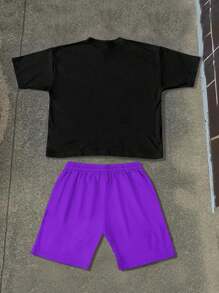 Manfinity EMRG 2件套男士夏季休闲肖像和字母印花圆领短袖T恤和短裤套装 - 彩色 - 查看 2