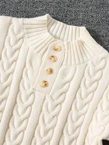 SHEIN 年轻男孩休闲宽松立领纯白色提花半拉链纽扣设计长袖毛衣针织上衣，适合秋冬通勤、上学、居家、休闲、街头、派对、郊游 - 白色 - 查看 3