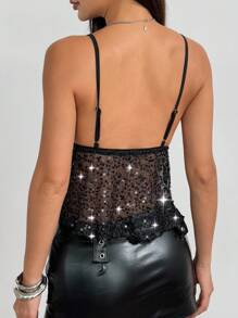 Zyxie 女士亮片网眼性感吊带背心，适合度假/派对 - 黑色 - 查看 2