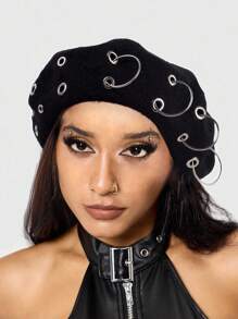 ROMWE Grunge Punk 1 件朋克风格圆形镂空铆钉贝雷帽，Y2K 圆形吊坠报童帽，日常个性化时尚单品 - 彩色 - 查看 2