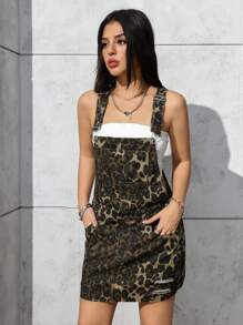 SHEIN PETITE 豹纹无袖夏季休闲牛仔连衣裙 - 棕色 - 查看 4