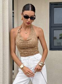 SHEIN Frenchy Camiseta de tirantes con cuello halter sin espalda y hebilla metálica con lentejuelas de moda de verano para mujer
