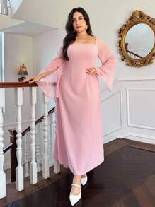 Firerie Plus Size Romantic Pink Chiffon Patchwork Square Neck A-Line Dress, Suitable For Renaissance Fair, Graduation,Formal Dresses For Women - Pink - View 4