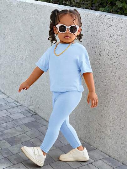 Baby Girl Cute Yellow Short Sleeve T-Shirt & Elasticated Waist Pants Set, Fashionable Casual Outfit For , Autumn/Winter Baby Blue Toddler Girl Baby Blue Two Piece Set Baby Blue Outfit Girl Toddler Girl Two Piece Outfit Baby Blue Toddler Outfit Toddler Co Ord Set