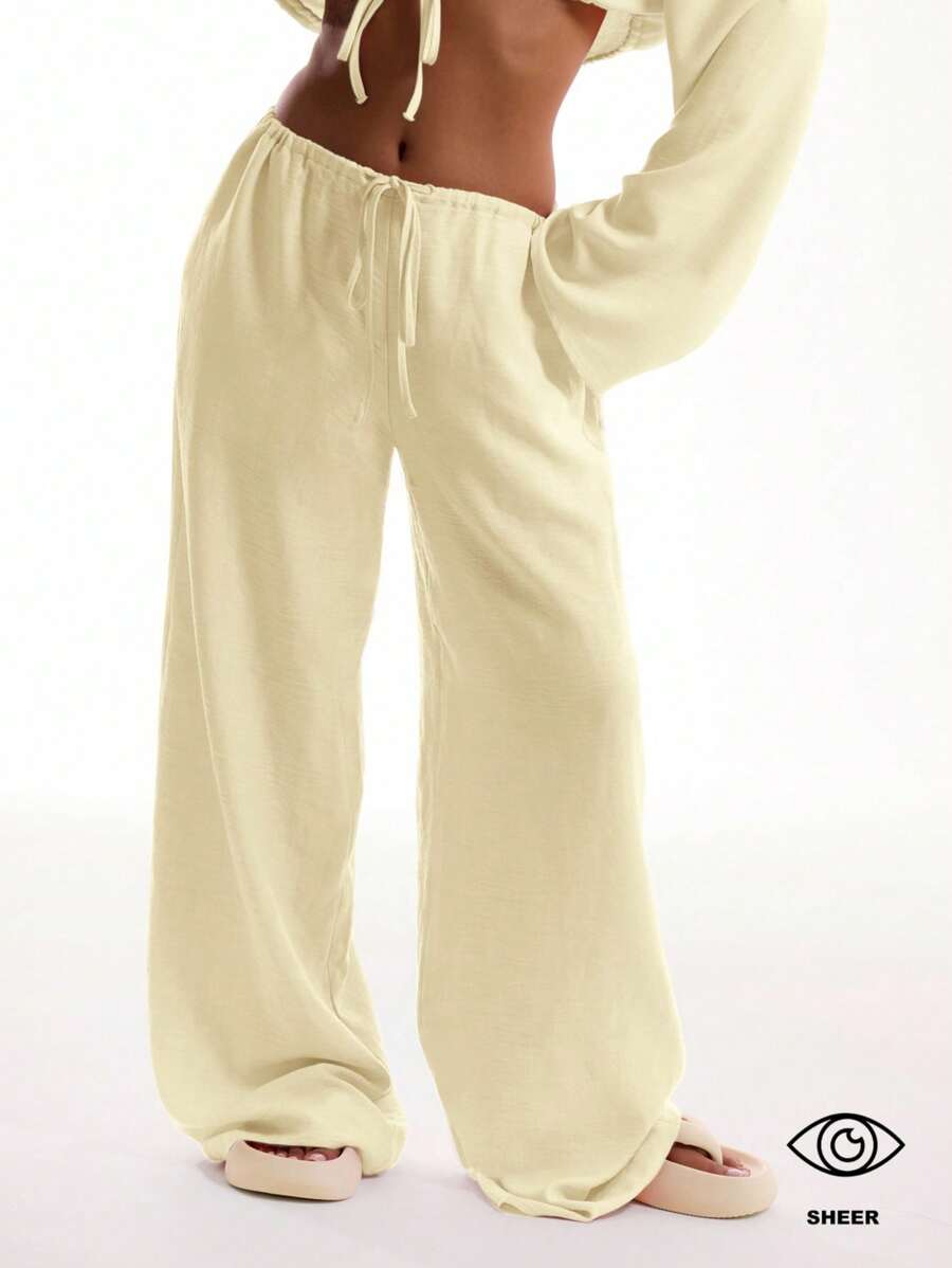 MUSERA 系带亚麻质感沙滩裤，适合夏季节日度假、波西米亚风情、伊比沙岛假日、机场派对、春季海滩等场合。 - 奶油色 - 查看 1