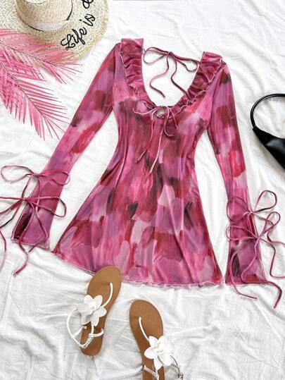 Soleia Women's Long Sleeve Printed Back-Tie Casual Slim Fit Cover Up Long Sleeve Summer Top Bathing Suit With Sleeves, Country Concert Outfit Fall Dresses For Women   School Clothe  Rave Outfits  Concert Tops   Homecoming Dress   Christmas Clothes  Office Dress  Date Night Outfits Women Dress For Wedding Guest  Birthday Dresses For Women   Halloween Costumes  Brunch Outfits For Women  Sexy Bohemian Clothes For Women  Fairycore White Lace Dress Fringe Dress Fall Dresses For Women Teacher Dress Korean Flowy Dress,Party