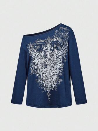 Grunge Punk Maglietta casual a maniche lunghe con stampa a incrocio e spalla obliqua per donna, modello morbido e ampio