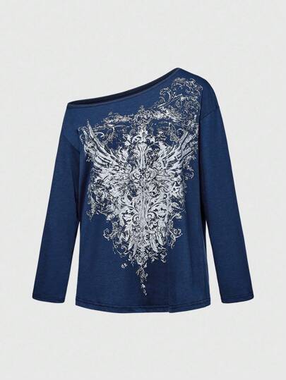 Grunge Punk T-shirt ample à manches longues avec imprimé croisé sur l'épaule oblique pour femme