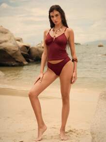 Anewsta 2022 Spring/Summer Stylish Elegant Mature Premium V-Neck Ribbed Tankini Top - Brown - View 5