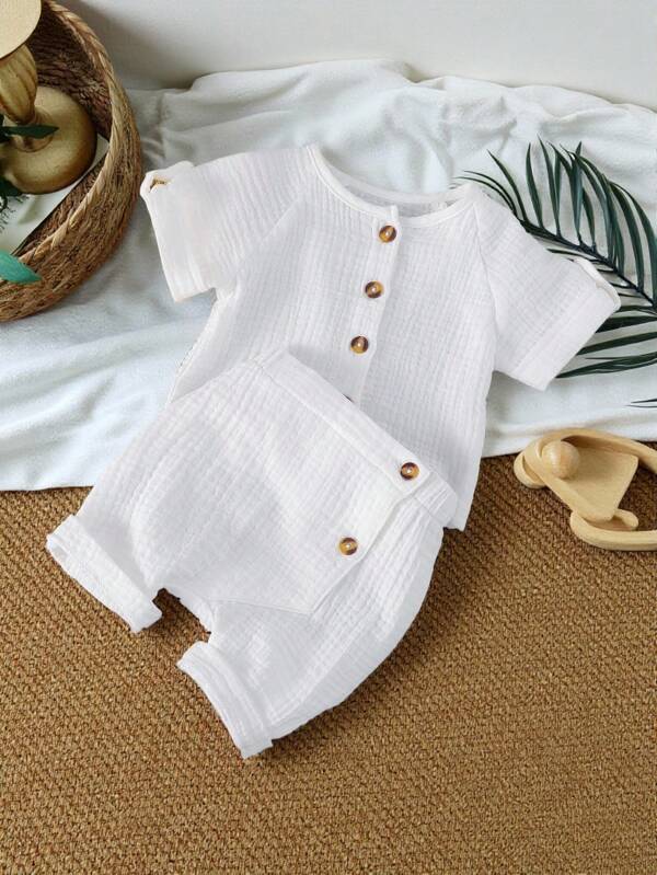 SHEIN Vintaside Kids 2-Piece Baby Boys' Casual Comfortable Retro Outfit, Suitable For Daily And Outdoor Activities In Spring And Summer