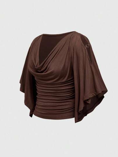 Hippie Camiseta de mujer de manga de murciélago ajustada con cuello de escote redondo y decoración de cuentas de madera sueltas de estilo vintage en talla grande