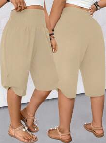 SHEIN CURVE+ Plus Size Women Casual Pants, Textured Fabric - Khaki - View 1