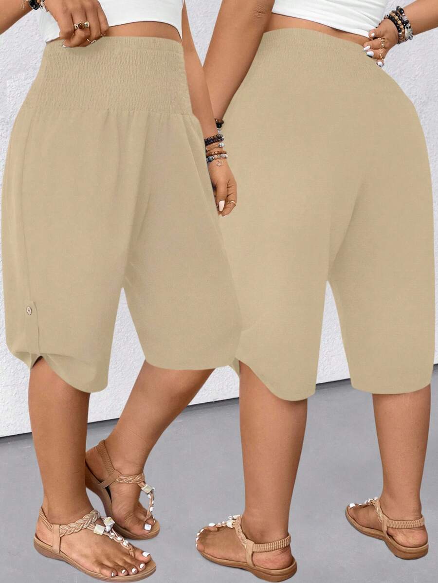 SHEIN CURVE+ Plus Size Women Casual Pants, Textured Fabric - Khaki - View 1