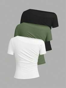 Ellevyn 嘉年华多色褶皱不对称肩短袖弹力针织纯色T恤上衣，女士优雅春夏款 - 橄欖綠 - 查看 9