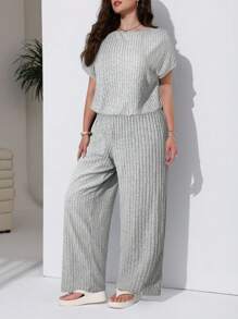 SHEIN EZwear Mono informal de manga corta acanalado de talla grande en gris, para primavera/verano